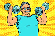 elderly man lifts dumbbells, fitness
