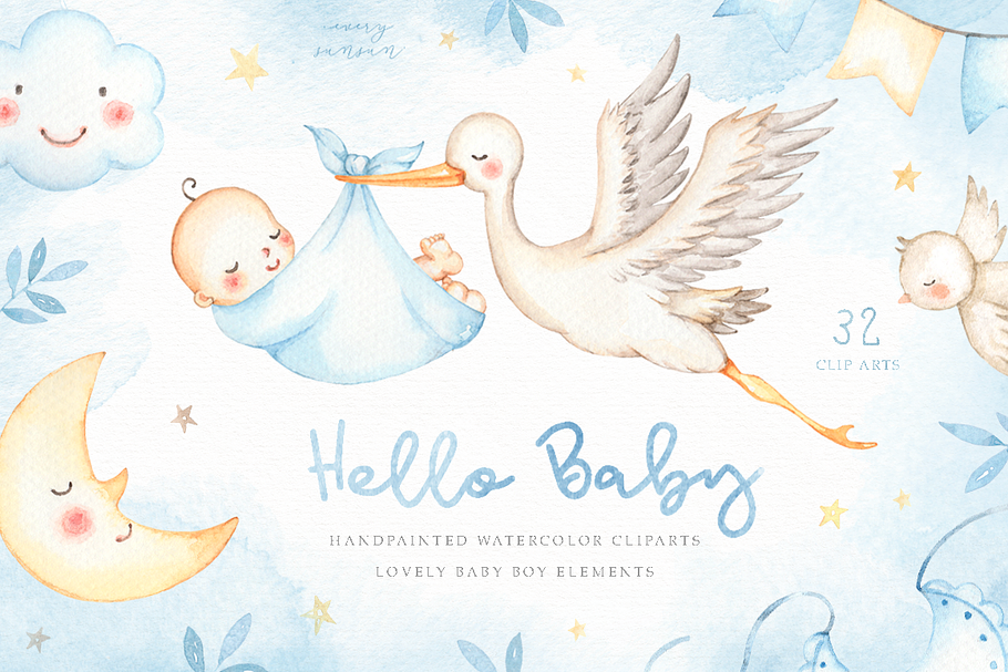 Hello Baby Blue Watercolor Clip Arts in Illustrations - product preview 8