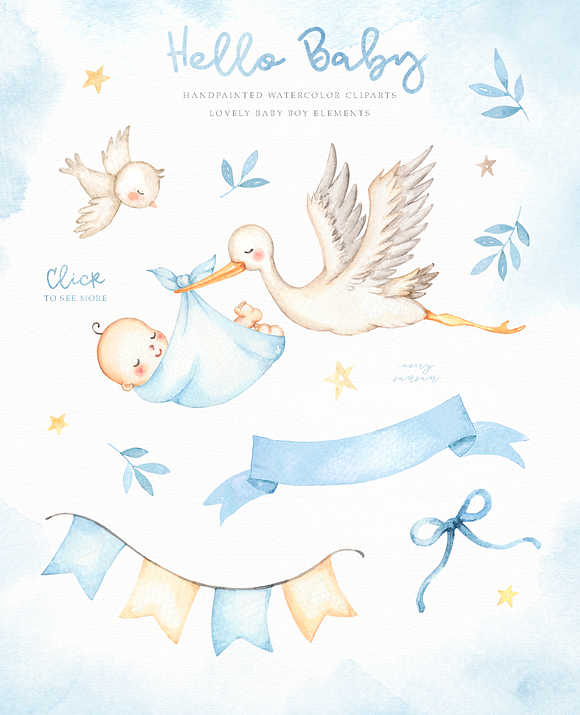 Hello Baby Blue Watercolor Clip Arts in Illustrations - product preview 1