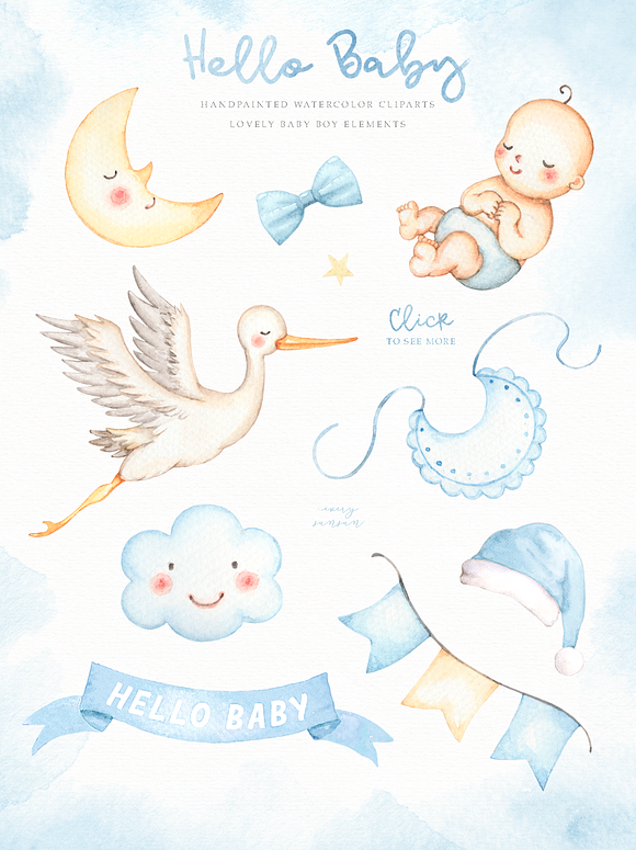 Hello Baby Blue Watercolor Clip Arts in Illustrations - product preview 2