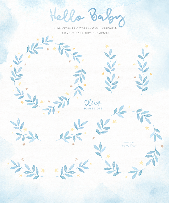 Hello Baby Blue Watercolor Clip Arts in Illustrations - product preview 3