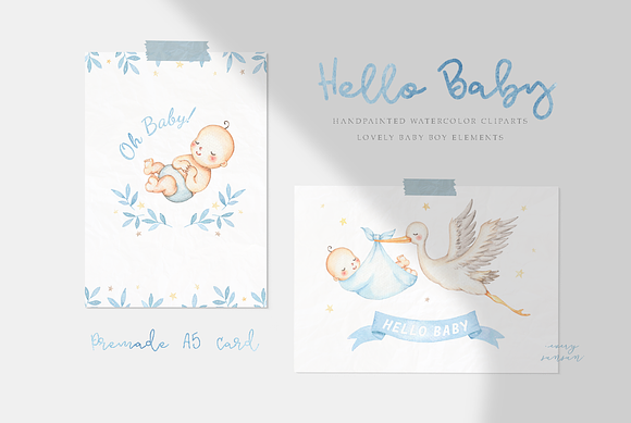 Hello Baby Blue Watercolor Clip Arts in Illustrations - product preview 4
