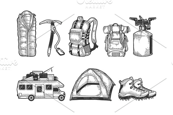 Tourist objects set sketch vector
