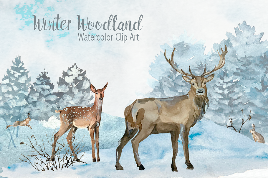 Watercolor Winter Woodland Clip Art