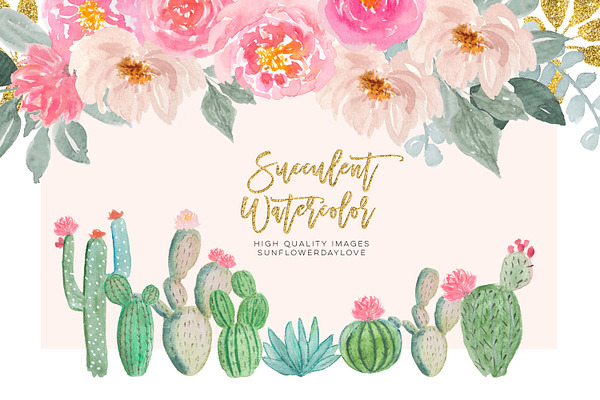 Watercolor cactus floral clip art