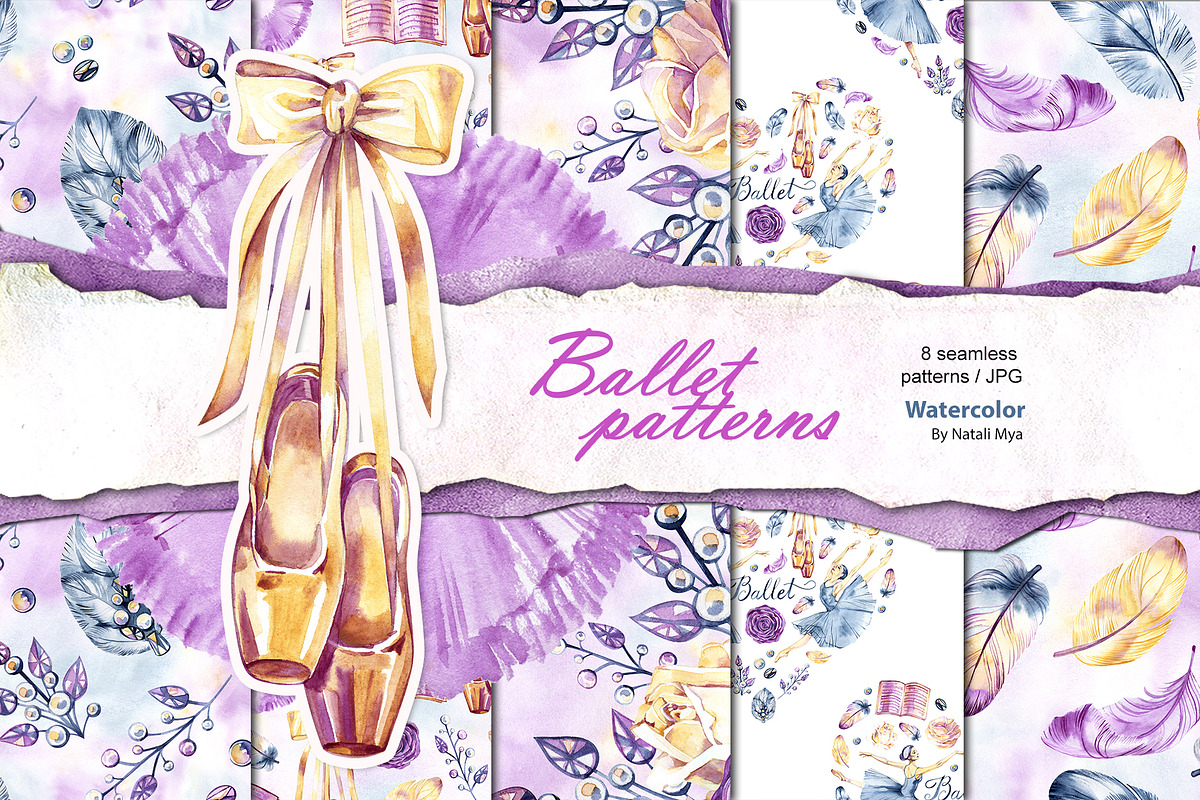 Watercolor ballet digital paper in Patterns - product preview 8