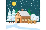 House in Rural Area at Winter Night