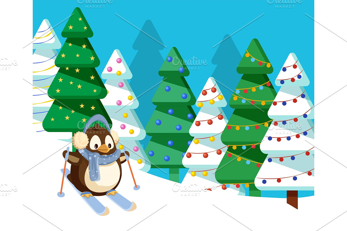Penguin Skiing in Pine Tree Forest in Illustrations - product preview 8