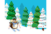 Penguin Skiing in Pine Tree Forest
