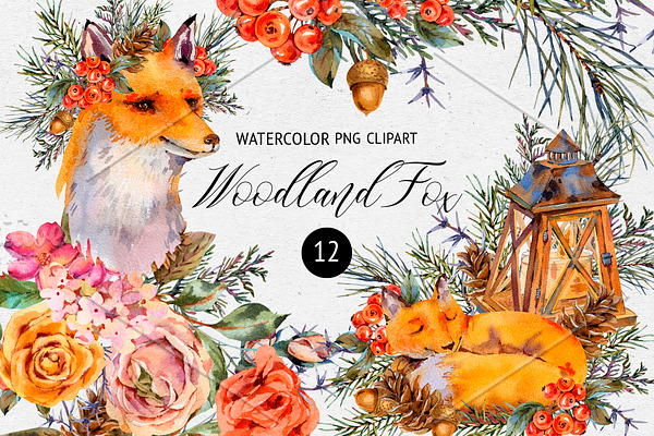 Watercolor Fox Woodland Clipart