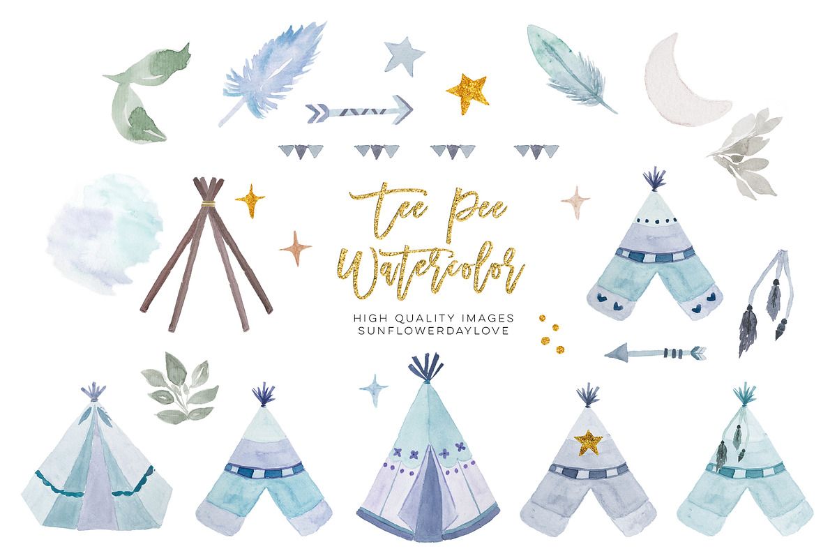 Watercolor boho teepee clip art in Illustrations - product preview 8