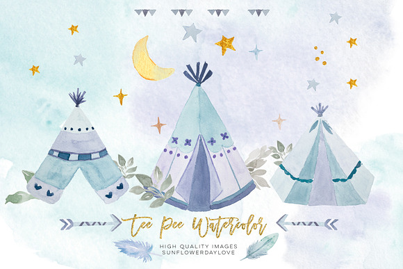 Watercolor boho teepee clip art in Illustrations - product preview 1