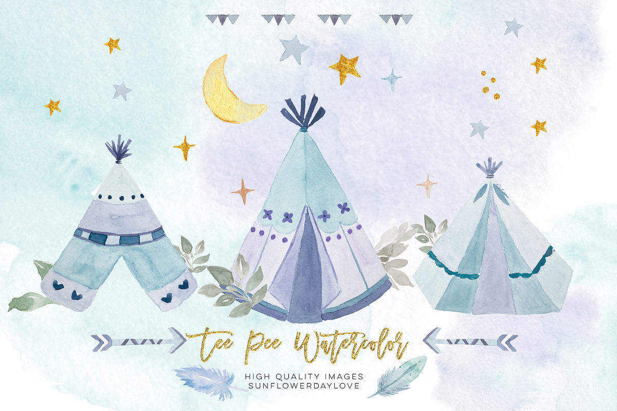 Watercolor boho teepee clip art in Illustrations - product preview 8