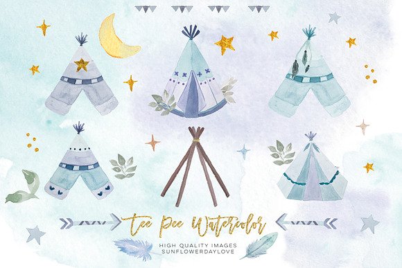 Watercolor boho teepee clip art in Illustrations - product preview 2