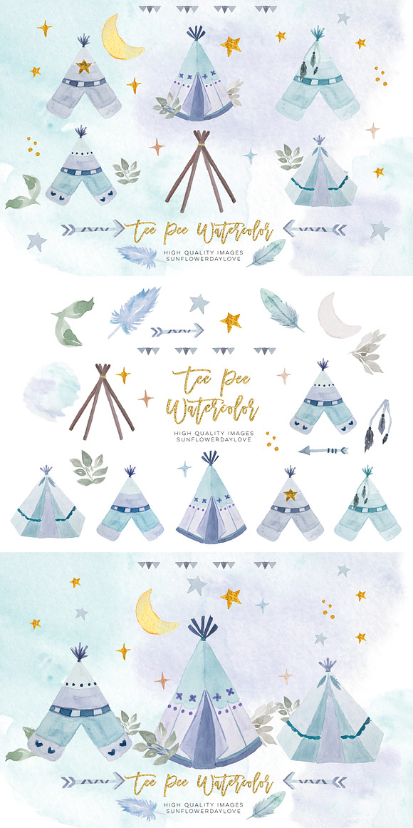 Watercolor boho teepee clip art in Illustrations - product preview 3