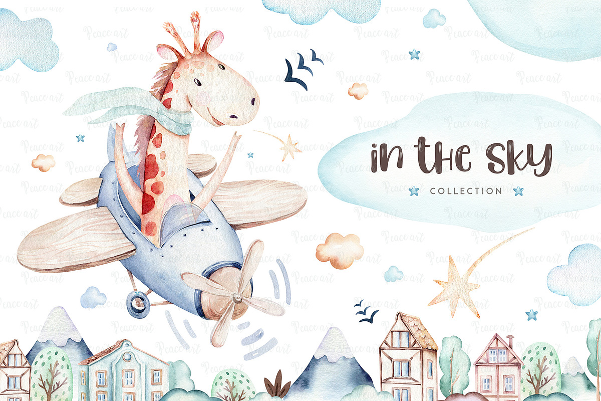 In the sky. Watercolor collection in Illustrations - product preview 8