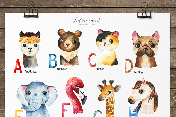 Watercolor Animal Alphabet. A to Z