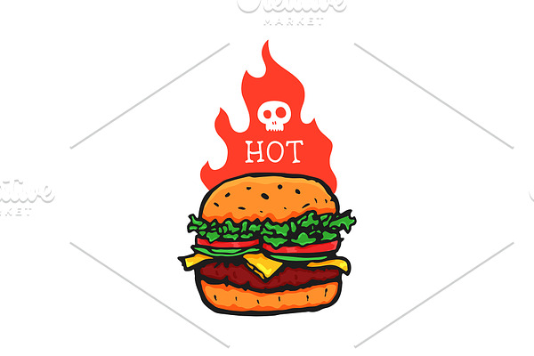Burger Hand Drawn with Fire Flame