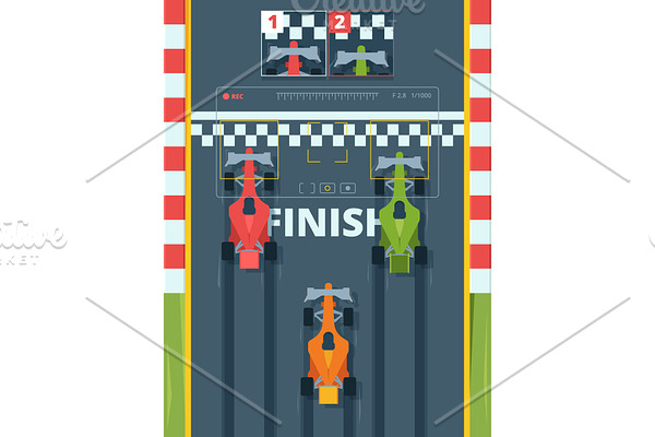 Professional race cars on finish top