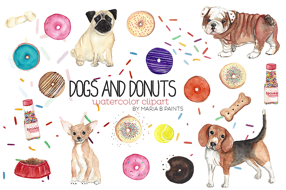 Watercolor Clip Art - Dogs n Donuts in Illustrations - product preview 8