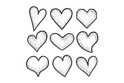Heart symbol set sketch engraving