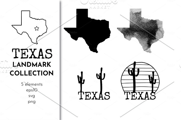 Texas map landmark collection