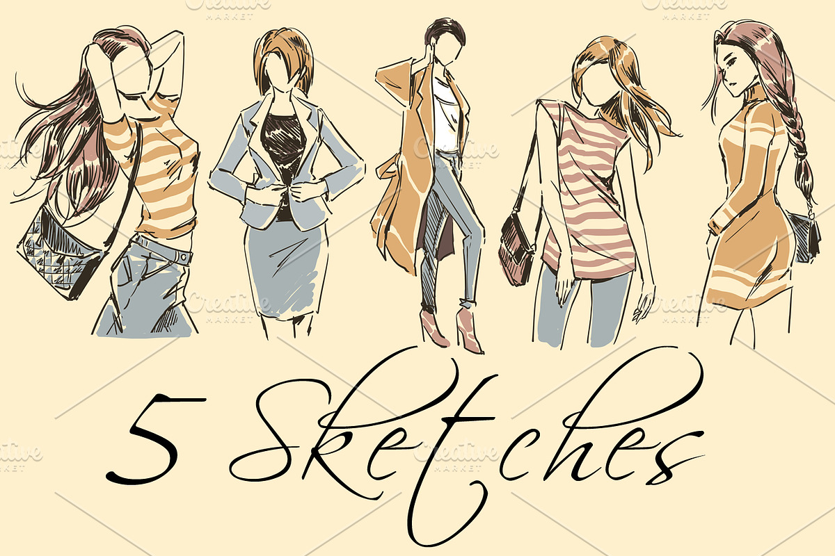 Set 5 fashion illustration sketch in Illustrations - product preview 8