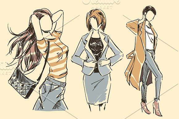 Set 5 fashion illustration sketch in Illustrations - product preview 2
