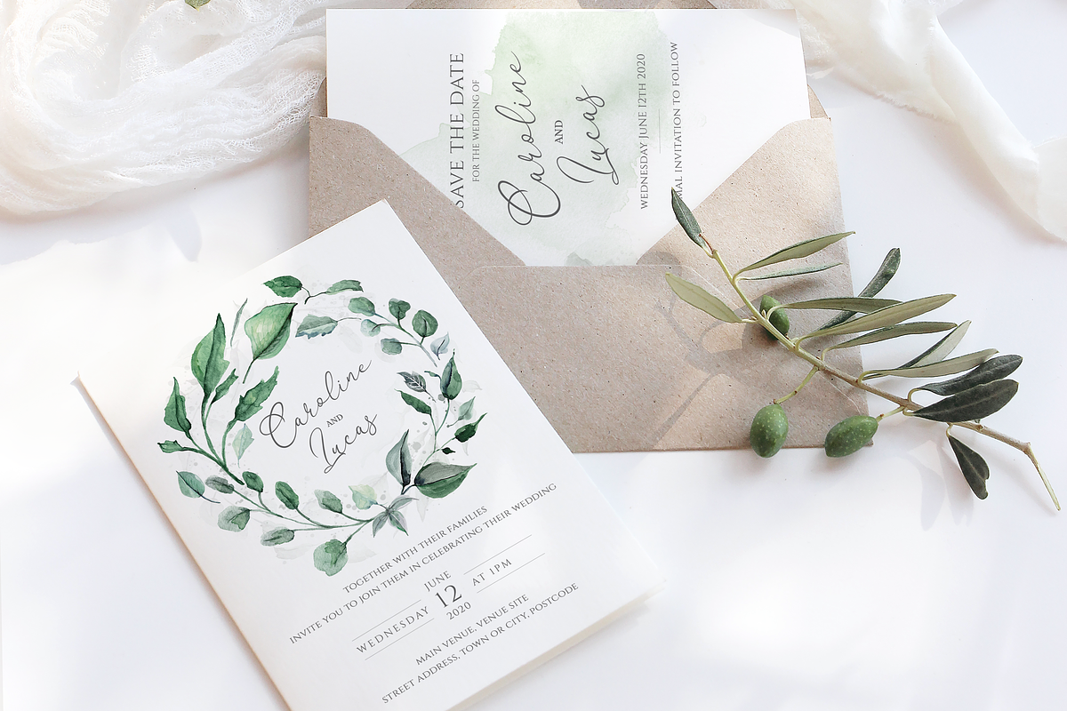 6 Piece Greenery Wedding Invite Set in Wedding Templates - product preview 8