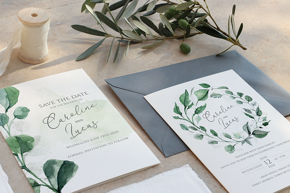 6 Piece Greenery Wedding Invite Set in Wedding Templates - product preview 1