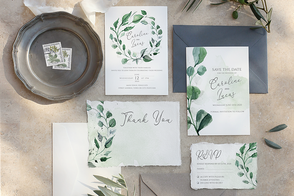 6 Piece Greenery Wedding Invite Set in Wedding Templates - product preview 2