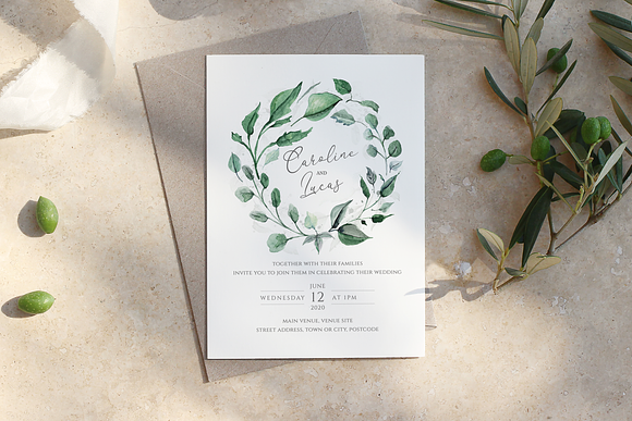 6 Piece Greenery Wedding Invite Set in Wedding Templates - product preview 3