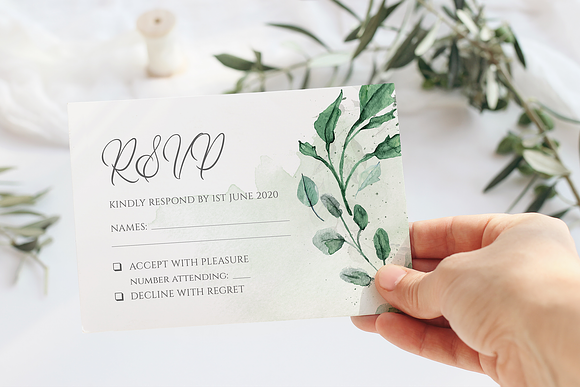 6 Piece Greenery Wedding Invite Set in Wedding Templates - product preview 4