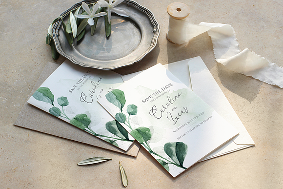 6 Piece Greenery Wedding Invite Set in Wedding Templates - product preview 5