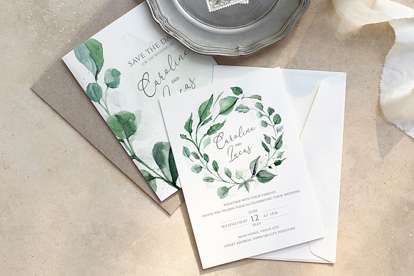 6 Piece Greenery Wedding Invite Set in Wedding Templates - product preview 6