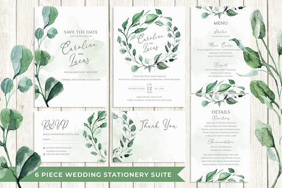 6 Piece Greenery Wedding Invite Set in Wedding Templates - product preview 10
