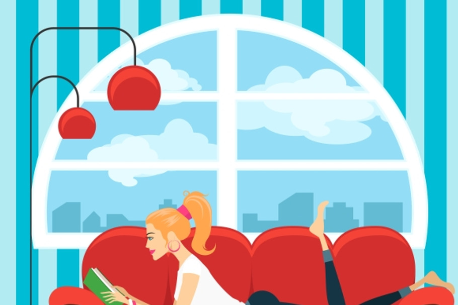 Young woman reading book on a sofa in Graphics - product preview 8