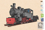 Retro steam locomotive and coal-car