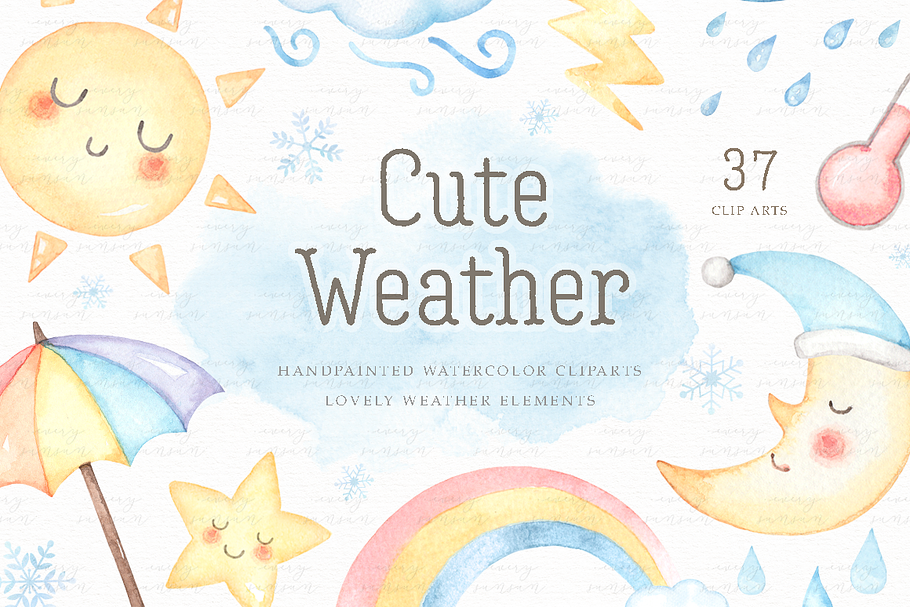 Cute Weather Watercolor Clip Arts in Illustrations - product preview 8