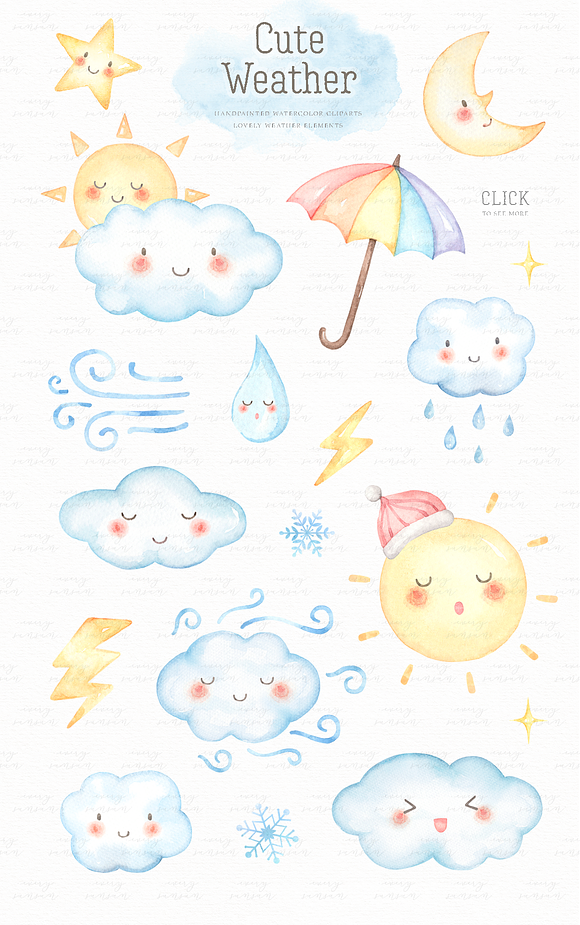Cute Weather Watercolor Clip Arts in Illustrations - product preview 2