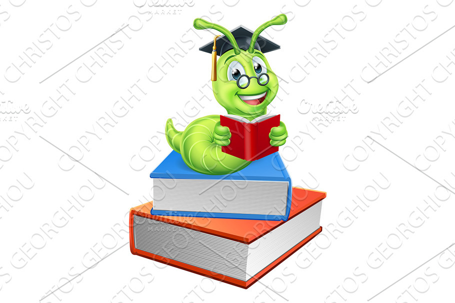 Book Worm Reading Cartoon in Illustrations - product preview 8