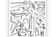 Hand drawn sketch blacksmith set