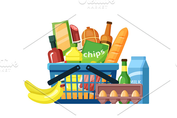 Grocery basket with food assortment