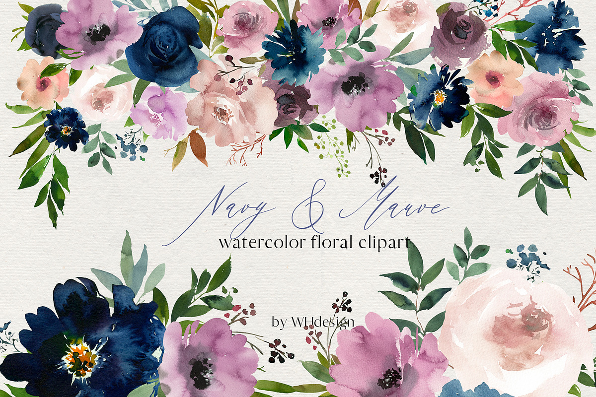 Navy Mauve Watercolor Floral Clipart in Illustrations - product preview 8
