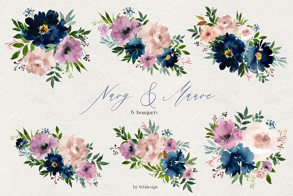 Navy Mauve Watercolor Floral Clipart in Illustrations - product preview 1