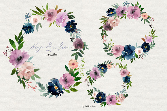 Navy Mauve Watercolor Floral Clipart in Illustrations - product preview 3