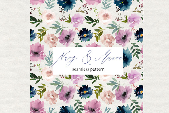 Navy Mauve Watercolor Floral Clipart in Illustrations - product preview 4