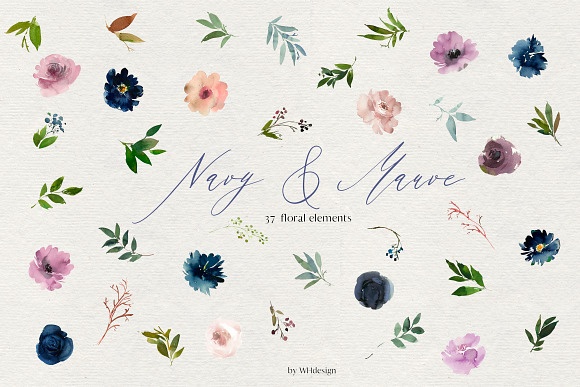 Navy Mauve Watercolor Floral Clipart in Illustrations - product preview 5