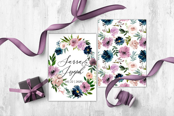 Navy Mauve Watercolor Floral Clipart in Illustrations - product preview 6