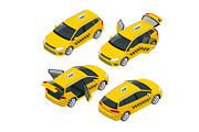 Isometric yellow taxi car with open